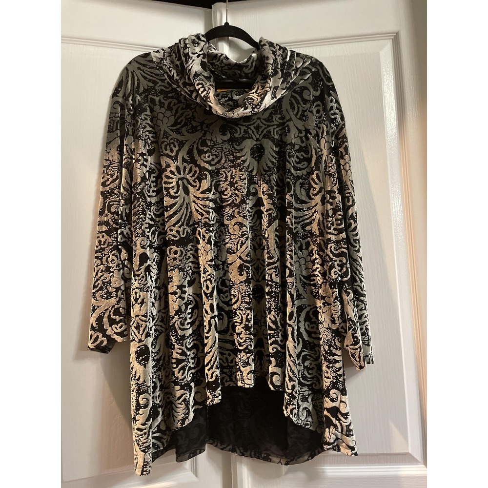 Ruby Rd Shirt Womens 3X Black Gray Cowl Neck Tunic Damask Stretch‎ Style 72554